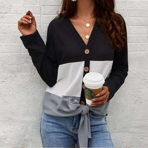 Tops - CLEARANCE Black Waffle Knit Tie Front Long Sleeve Top